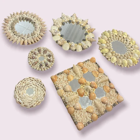 Vintage Handmade Shell Mirrors Lot of 6 - Kitsch Boho Bohemian Cover