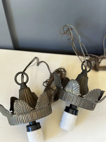 2 Antique Brass Pendant Hanging Light Fixture Medieval Gothic Church Crown Pair Cover