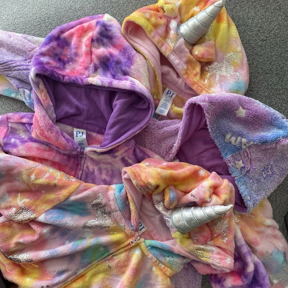 Pijama de una pieza con capucha para niñas PJ Place talla 7/8 lote de 4 felpa unicornio tie dye Foto 1 de 4