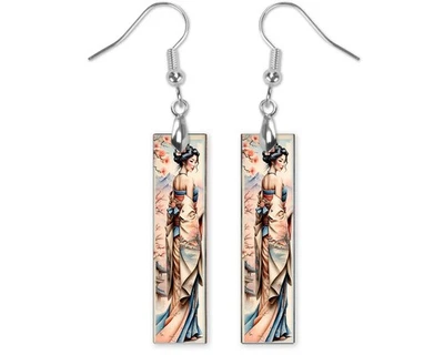 Hermosos Pendientes Geisha Estampado Barra Madera Impreso Pendientes Joyería Foto 1 de 4