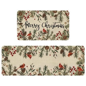 Juego de 2 alfombras y tapetes de cocina Feliz Navidad, cono de pino cardinal pájaros rojos B... - Imagen 1 de 7