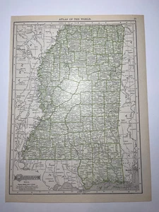 1909 / 1911 MISSISSIPPI "Green" State Map from 1911 New Census Atlas SEE DESCRIP - Picture 1 of 3