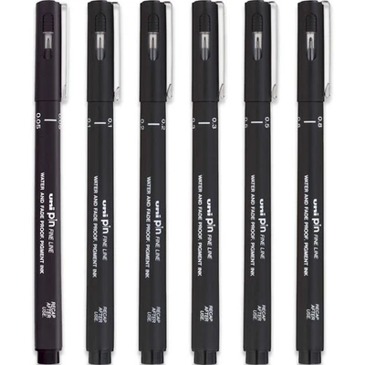 UNIBALL 6 x Uni-Ball Pin Zeichenstift Pigment Liner Set schwarz 0,05 mm bis 0,8 mm