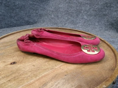 Zapato sin cordones Tory Burch Reva Ballet para mujer talla 7,5 M gamuza rosa dorado logotipo Foto 1 de 4