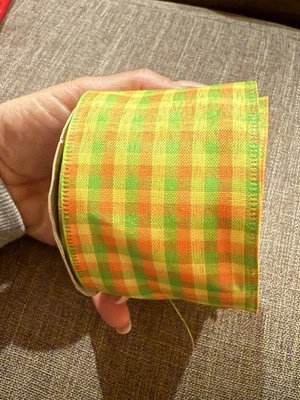 Orange Green Gingham Check 2.5" by 4 yds Wired Ribbon Spring Country Fall - Image 1 of 4