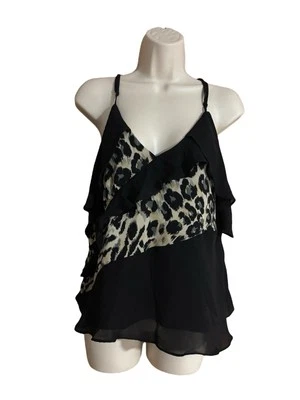 Blusa para mujer Parker Brand negra con correa de espagueti estampado de guetardo con volantes talla XS Foto 1 de 4