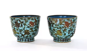 Pair of 19C Chinese Gilt Cloisonne Enamel Tea Wine Cup with Goldfish Fish - Picture 1 of 12