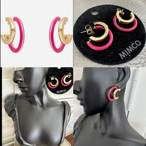 Mimco πππ Gold Dahlia Pink Casino Double Hoop Earrings Studs + Dust Bag - Picture 1 of 16