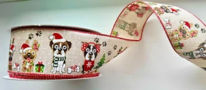 Dog Bone Presents Dogs Paw Print Holiday ribbon 2.5 Wired Christmas 5 yards - Picture 1 of 2