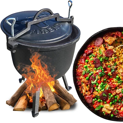 Gusseisen-Kessel Feuertopf Feuerkessel auf Füßen mit Deckel 4-8-11-15L - Bild 1 von 4