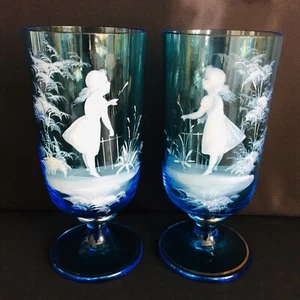 RARE 2 Mary Gregory Girl Quarkmal Blue Goblets applied Glass HTF STUNNING HER - Picture 1 of 9
