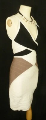 Celeb Boutique Womens Cream Brown Strappy Bodycon Stretch Dress Uk 6/8 - Image 1 of 4