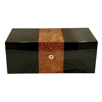 New! Piano Black and Burl Storage Box With Lock And Key - Image 1 of 4