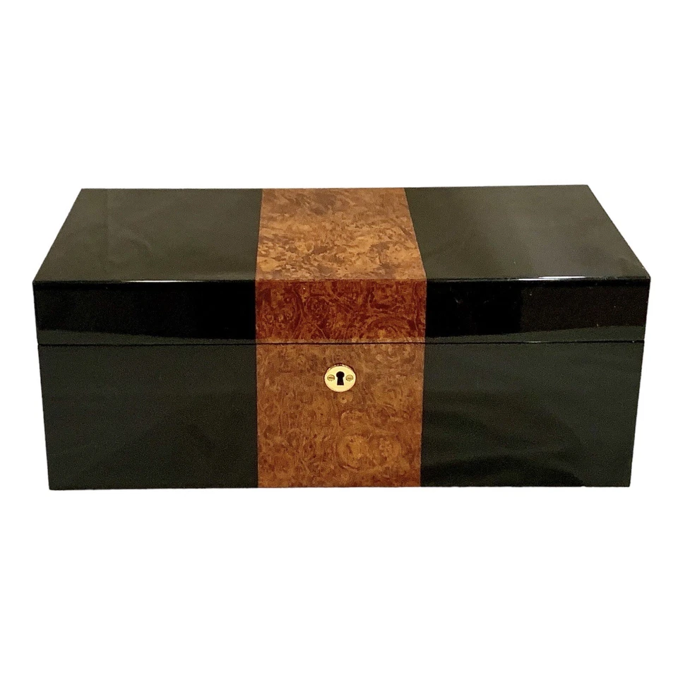 New! Piano Black and Burl Storage Box With Lock And Key - Image 1 of 4