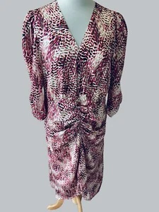 NEW EXPRESS ABSTRACT ANIMAL LEOPARD PRINT PUFF SLEEVE RUCHED HI-LO MIDI DRESS XL - Picture 1 of 8