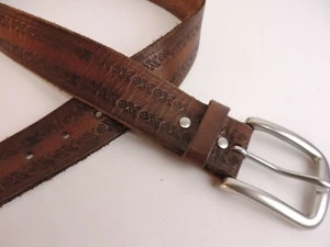 Brown Leather Belt Tooled Silver Buckle Size L 1.5 inches wide Western Buckle - Picture 1 of 5