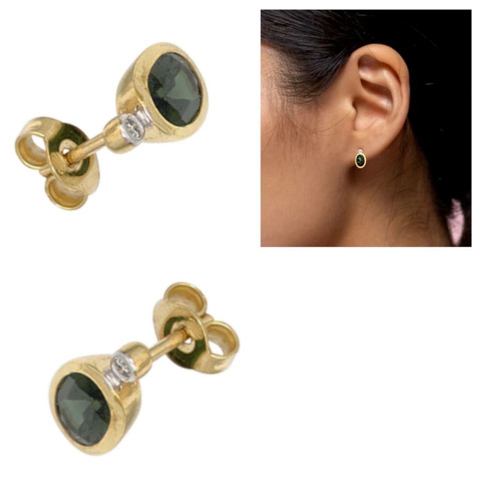 Ohrringe Ohrstecker Diamanten 585 Gold 14 Karat grüne Turmaline 9,7x5,7mm neu - Bild 1 von 1