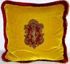 18/19th C Embroidered Crest w/ Lion Gold Velor Red & Gold Fringe Throw Pillow