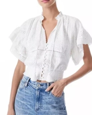 Alice + Olivia Blouse Womens Large White Eyelet Tabitha Broderie Crop Boho Linen - Image 1 of 4