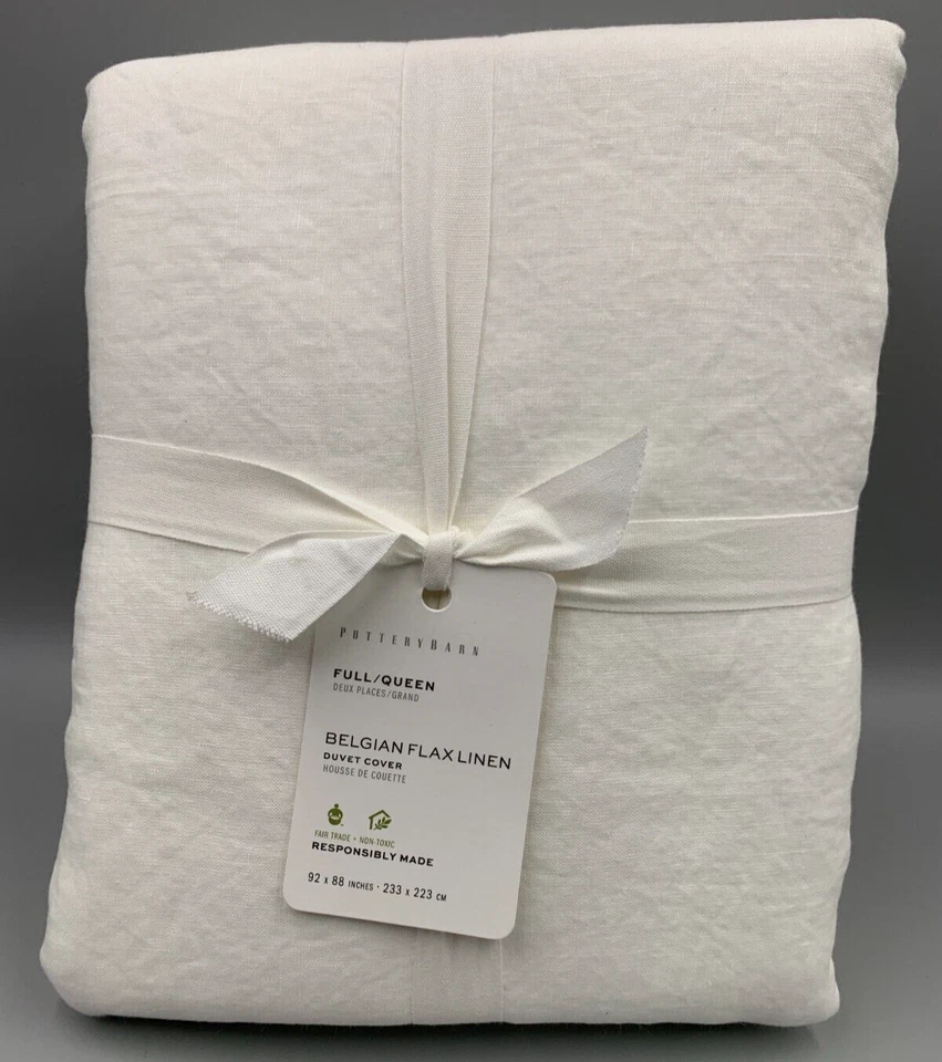 Pottery Barn Full/queen Size Belgian Flax Linen Duvet Cover White 92 X88