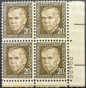 US Prominent Americans, Scott 1289, 20c Geo Marshall, P.B. of 4 Untagged MNH FVF - Picture 1 of 2