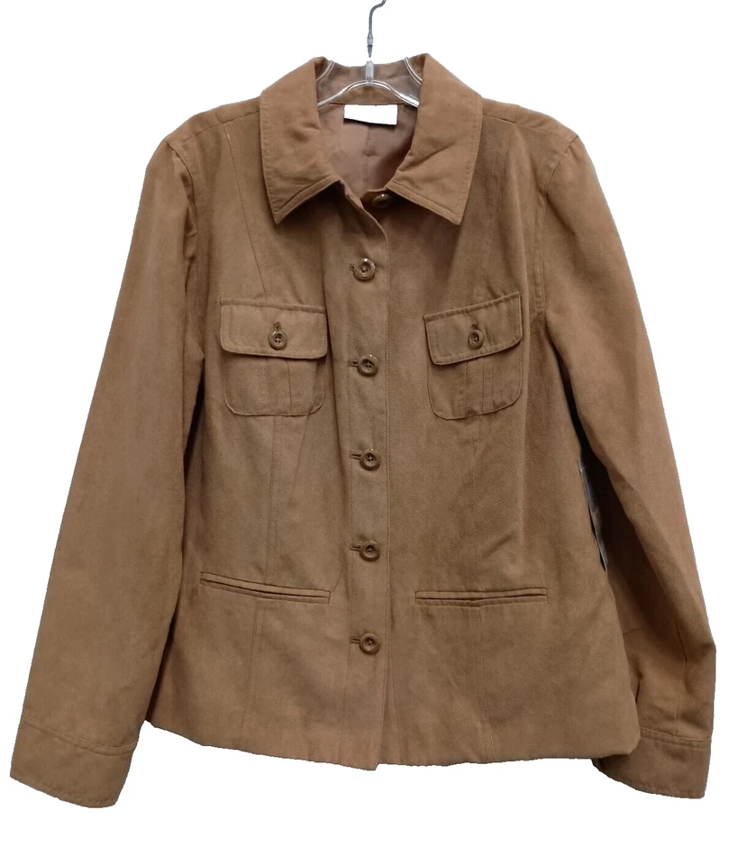 Studio Works Womens Jacket Size 12 Dessert Tan Faux Suede Button Front Carrier - Image 1 of 4