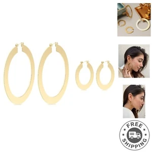 18K Gold Plated Large Round Hoop Earrings - Bohemian Minimalist Duo Pack - Picture 1 of 8