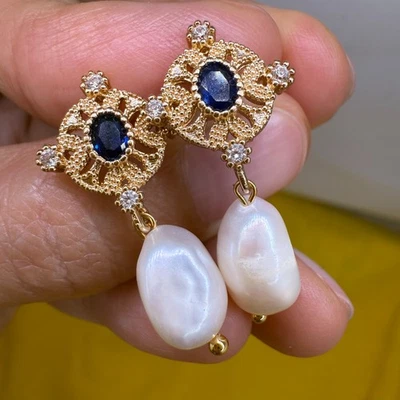 Real Natural Freshwater Pearl Earrings Bridal 14K Gold Plated Zircon Jewelry NEW - Image 1 of 4