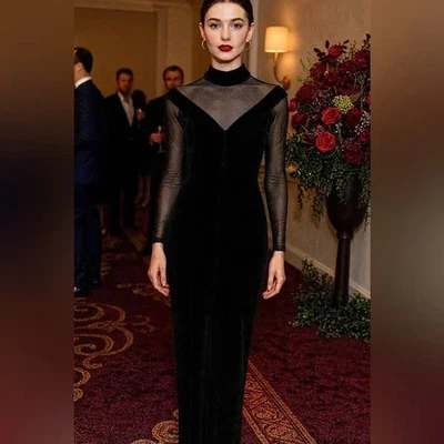 Vestido de Noche Largo Vintage Tadashi Shoji Cuello Simulado Terciopelo Transparente Negro XS Foto 1 de 4