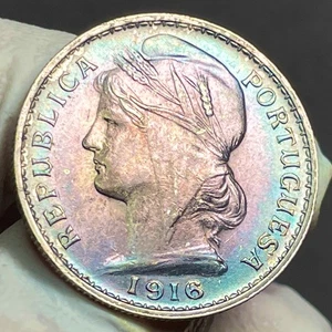 🇵🇹 Portugal 20 Centavos Silver 1916 MONSTER IRIDESCENT RAINBOW TONING UNC - Picture 1 of 8