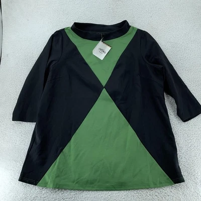 Bob Mackie 可穿戴艺术衬衫女式 2X 黑色绿色拼色束腰外衣 3/4 袖 — 第 1/4 张图片
