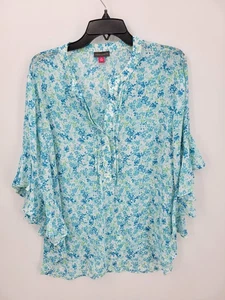 Blusa Vince Camuto Top Mujer XL Azul Floral Manga Campana Boho Campesina Popover - Imagen 1 de 10