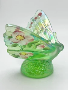 Fenton Iridescent Green Glass Handpainted Butterfly Figurine Signed & Stickered - Picture 1 of 15