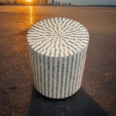 Mesa auxiliar de tambor cilíndrico madreperla taburete lateral de nácar mesa redonda de acento Foto 1 de 4