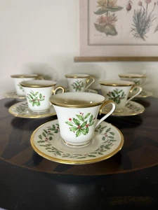 Set 6 tazze da tè e piattini vintage Lenox Holiday Dimension Holly Berry oro 24 carati - Foto 1 di 9