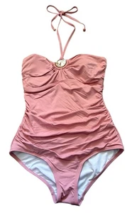Michael Kors Blush Pink Gold Logo Ring One Piece Swimsuit Size 6 Halter Top - Picture 1 of 6