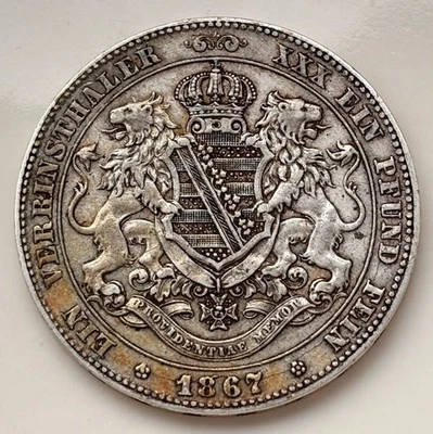1 Taler 1867 B Sachsen Johann I 1854-1873 Error Verrinsthaler . - Изображение 1 из 4