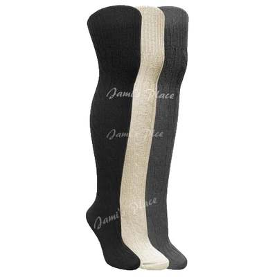 3 Pairs Women's Cable Knit Over the Knee Socks Shoe 4-10 Black Ivory Gray - Image 1 of 4