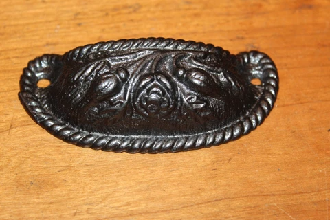 Antique Victorian Cast Iron Detailed Bin Apothecary Cupboard Drawer Pull L-72 Cover