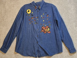Karen Scott Chambray Shirt Halloween Appliques Black Cat Pumpkins Leaves Size XL - Picture 1 of 13