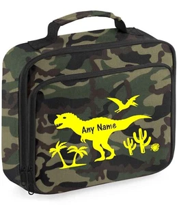 Personalised Dinosaur Print CAMOUFLAGE School Lunch box, Lunchbox, Lunch pack - Afbeelding 1 van 10
