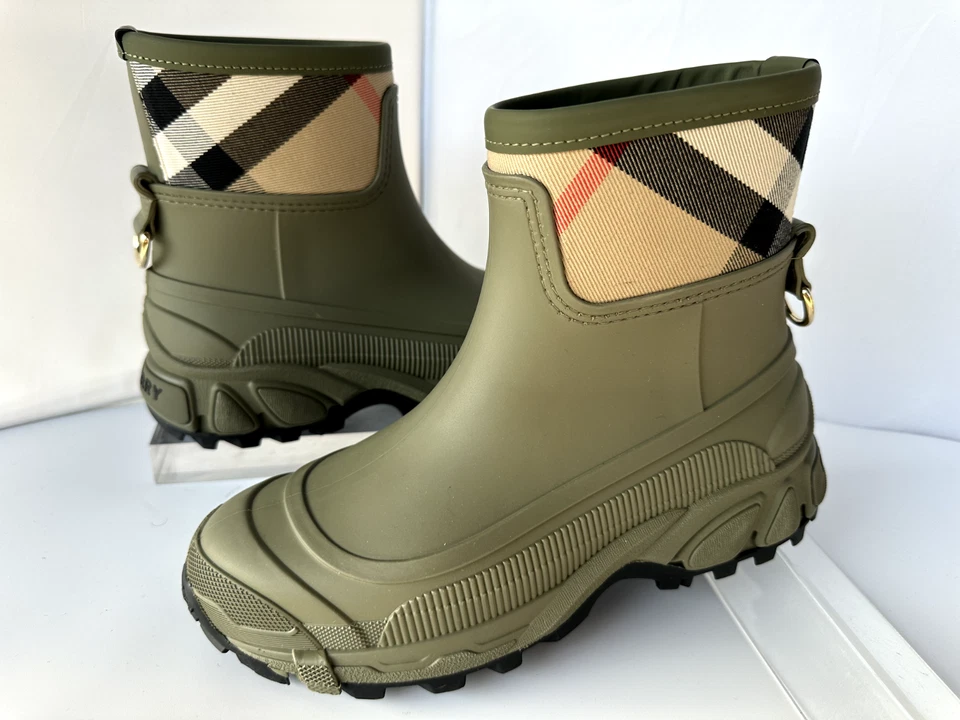 Burberry Women's Boots Ryan Check Size 38 Rain Shoes Green Rubber Ankle