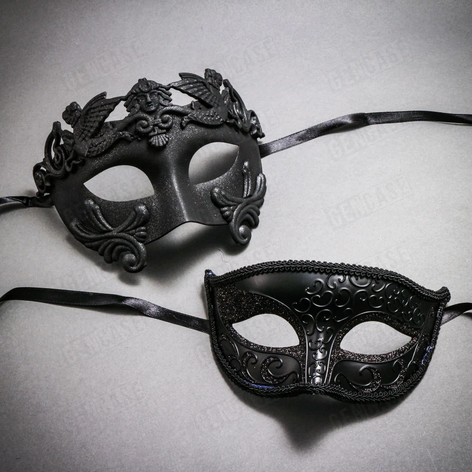Black Roman Warrior & Gold Black Side Feather Glitter Masquerade Couple  Mask - Image 1 of 1