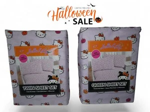 Hello Kitty Twin Queen Sheet Set Halloween 3 Pc Set Flat Fitted Pillowcases - Picture 1 of 7