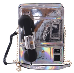 LB-6029-2 Münz-Telefon Form Hörer silber Lack Retro Kult Party Schulter Tasche - Bild 1 von 10