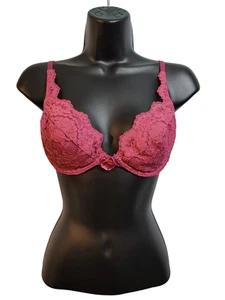 Victoria's Secret 34B Hot Pink Lace Underwire Full Coverage Plunge Bra Bow USA - Picture 1 of 5