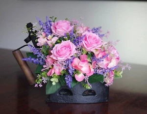 Vintage Coal Iron with Silk Pink Real Touch Roses, Hydrangeas and Lavender - Picture 1 of 11