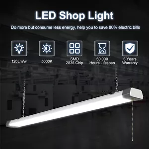 LED Shop Light Linkable 3.6FT 100W 5000K Garage Utility Light Fixture Pull Chain - Picture 1 of 12