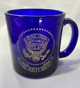 Cobalt Blue with White House Emblem Etched Coffee Mug/Cup 10oz - Picture 1 of 8
