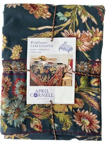 APRIL CORNELL -WILDFLOWERS COTTON TABLECLOTH 60 X 84  - TEAL ORANGE GOLD - NEW - Picture 1 of 3